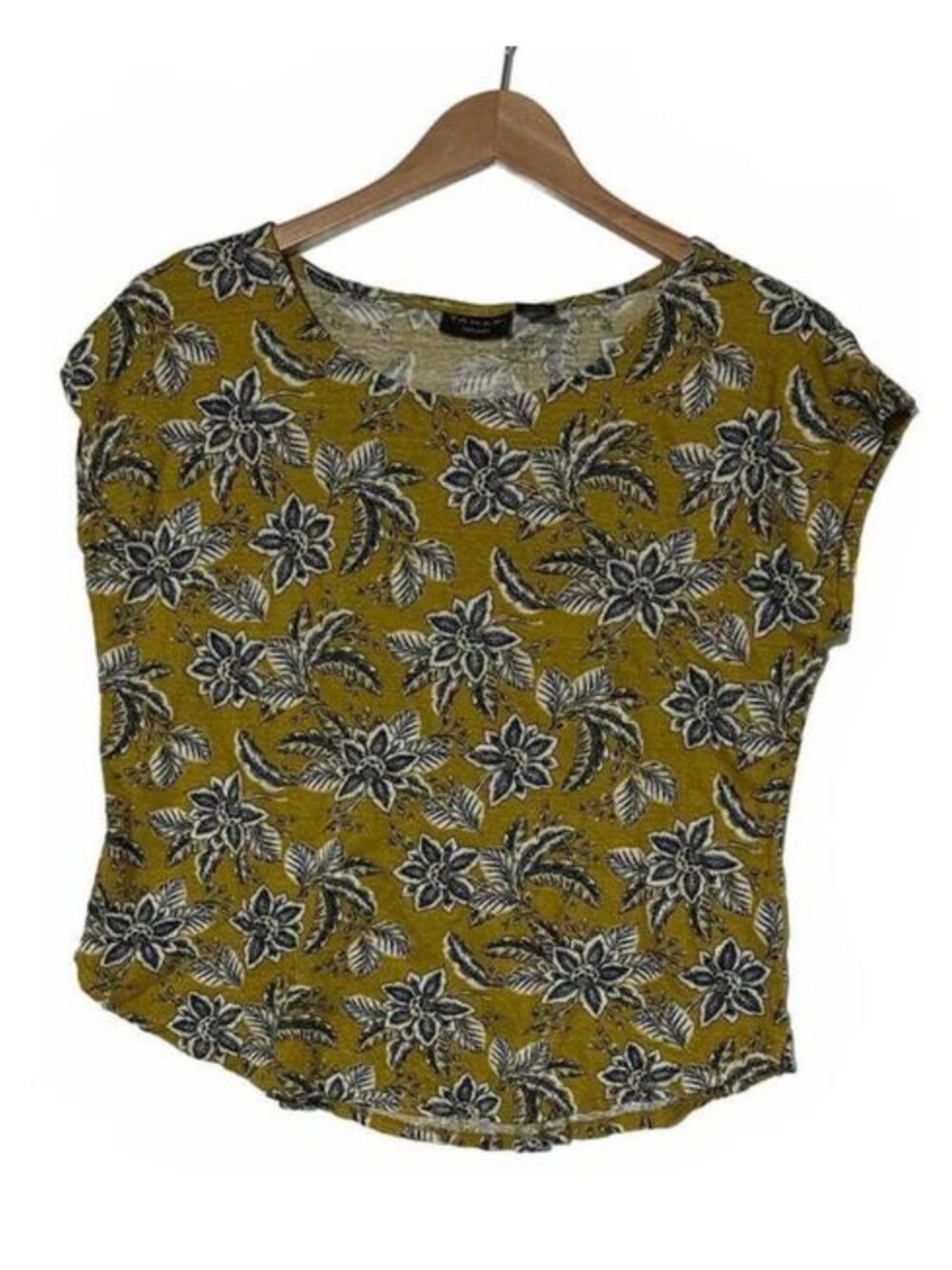 Tahari 100% Linen Cap Sleeve Top XL Olive Gold Botanical Floral Scoop Neck